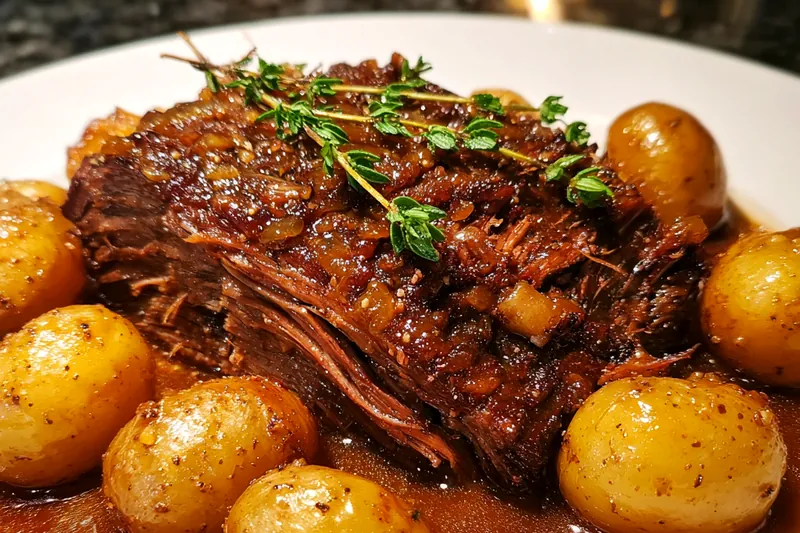 A step-by-step visual of the cooking process for Hearty Classic Pot Roast, showcasing the searing and simmering stages.
