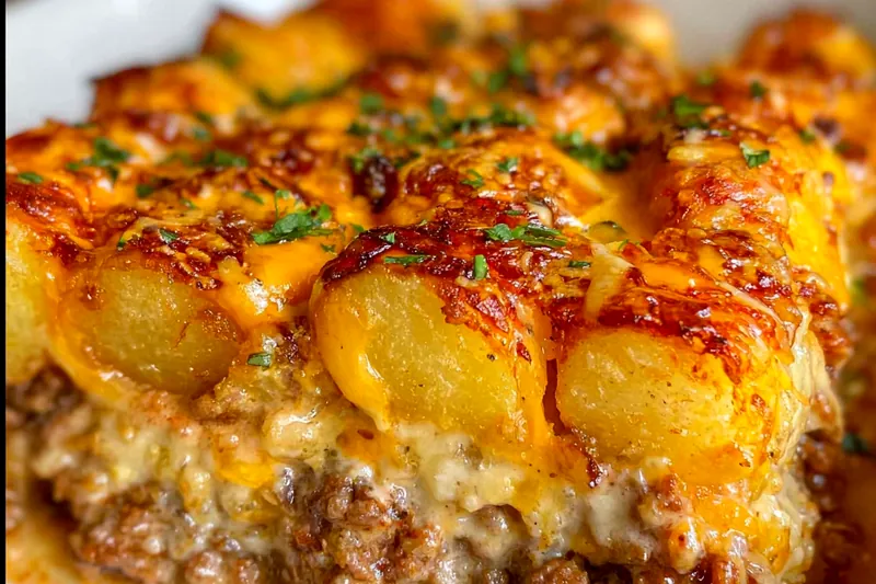 Step-by-step assembly showing layers of seasoned ground beef mixture being topped with creamy mashed potatoes and golden cheese in a baking dish