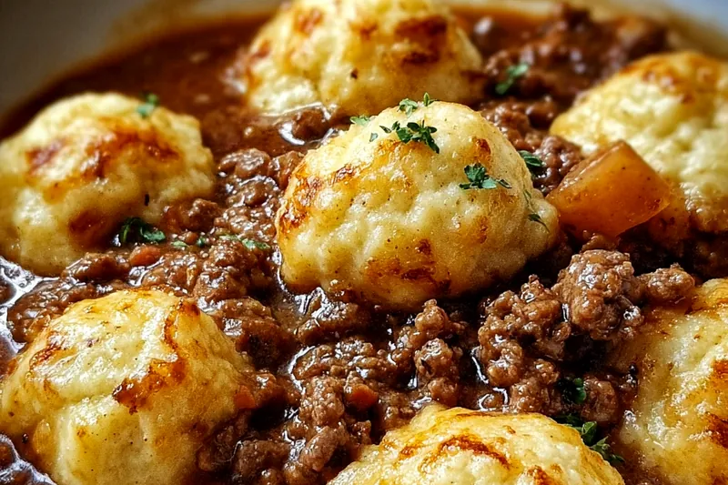 Large Dutch oven with golden-brown ground beef and vegetables simmering in rich broth, ready for dumpling addition