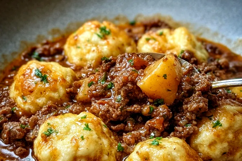 Raw ingredients for ground beef and dumplings including ground beef, vegetables, flour, and spices arranged on a wooden cutting board