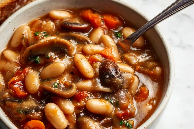 Ingredients for white bean mushroom soup arranged on marble countertop: glass bowl of dried cannellini beans, fresh sliced mushrooms in wooden bowl, prep bowls with diced vegetables, fresh thyme sprigs, and olive oil