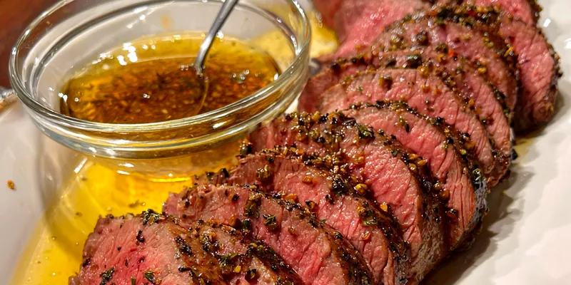 Herb-Crusted Beef Tenderloin with Garlic Butter Sauce