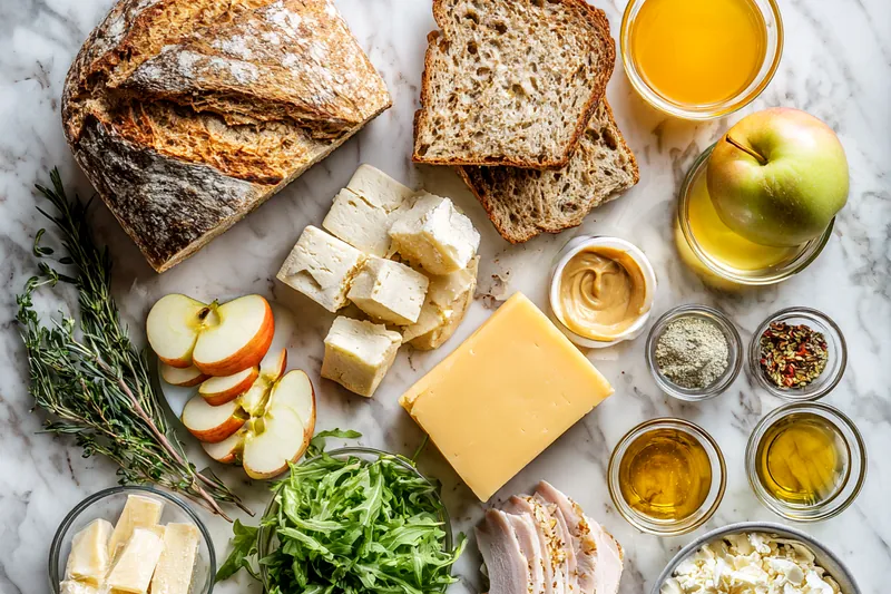 Overhead view of grilled cheese ingredients arranged on a white marble counter: shredded cooked chicken in a bowl, pile of shredded sharp cheddar cheese, sliced sourdough bread, softened butter in a small dish, fresh thyme sprigs, and small bowls of mayonnaise and Dijon mustard