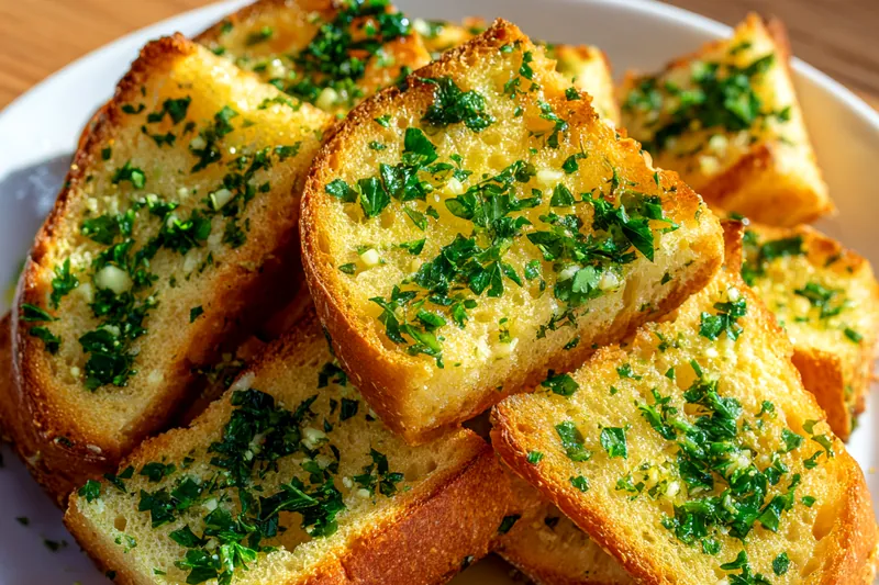 Herbed garlic bread baking in the oven, showing golden-brown butter bubbling on the surface with herbs and cheese visible