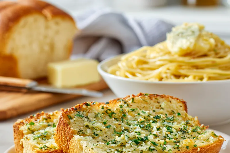Fresh ingredients for herbed garlic bread including a baguette, butter, fresh herbs (parsley, basil, oregano), garlic cloves, and Parmesan cheese on a wooden cutting board