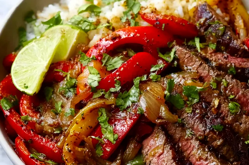 Action shot of marinated steak strips sizzling in a hot skillet with colorful bell peppers and onions, showing perfect searing and caramelization