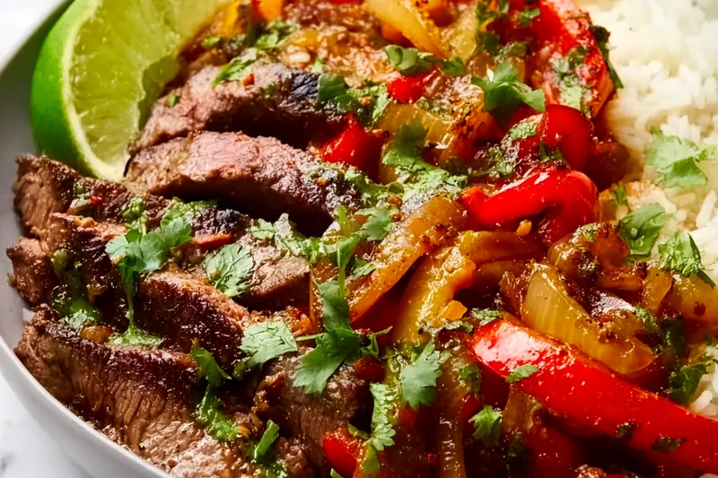 Fresh ingredients for high-protein steak fajita bowl including raw flank steak, colorful bell peppers, avocados, Greek yogurt, and vibrant spices on clean white surface