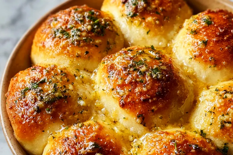 Fresh ingredients for garlic bread rolls including flour, yeast, fresh herbs, garlic cloves, and butter arranged on a marble surface