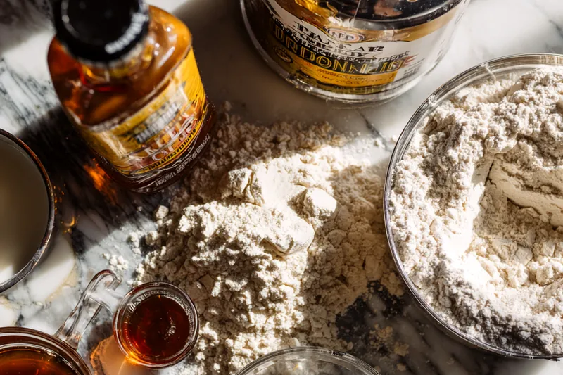 Process shot showing golden brown donuts frying in hot oil in a deep pot, with a slotted spoon lifting one donut to reveal the perfect golden color, bubbles visible around the donuts, and a thermometer showing 350 degrees