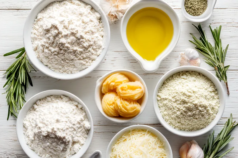 Overhead shot of focaccia ingredients arranged on a marble countertop: bowl of flour, small dishes containing yeast, salt, and sugar, measuring cup of water, bottle of olive oil, fresh rosemary sprigs, and whole garlic cloves