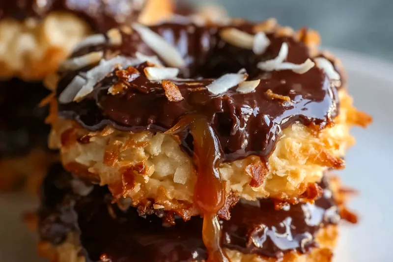 Process shots showing toasted coconut being mixed with melted caramel, and cookies being dipped and drizzled with chocolate