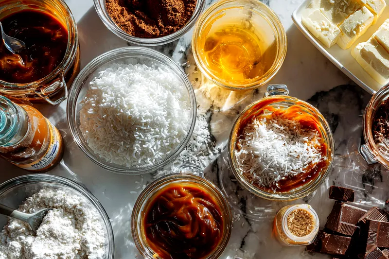 Ingredients for homemade Samoa cookies including flour, butter, coconut, caramels, and dark chocolate arranged on a marble surface
