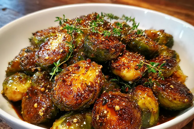 A chef stirring caramelized honey Brussels sprouts in a skillet, showcasing the cooking process and golden color.