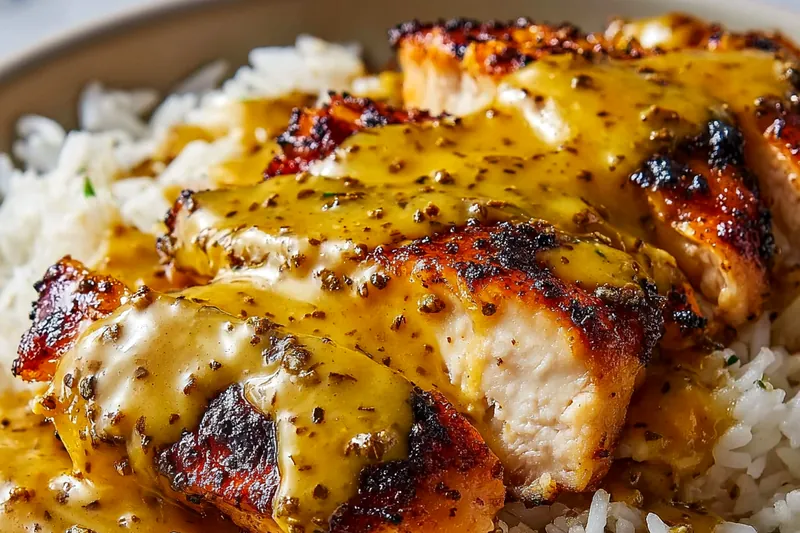 Golden honey mustard glazed chicken sizzling in a stainless steel skillet with the glaze caramelizing on the surface