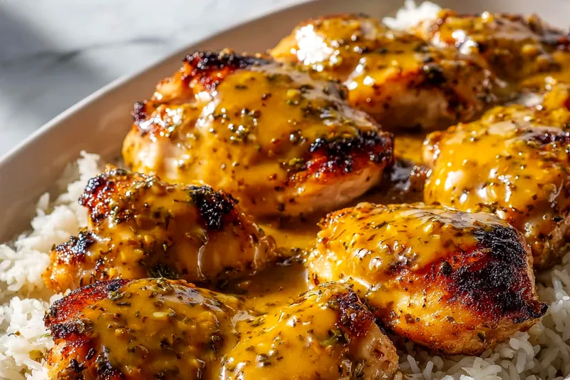 Fresh ingredients for honey mustard chicken including raw chicken breasts, rice, honey, mustard varieties, and herbs arranged on a marble countertop