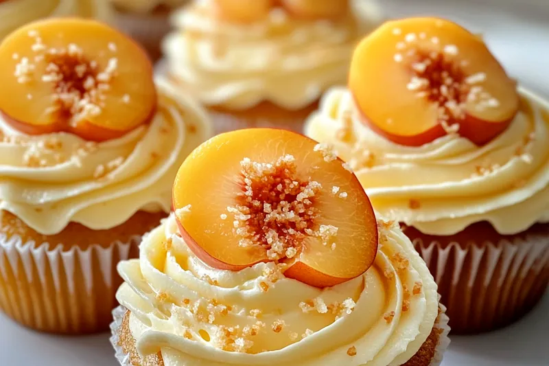 Golden cupcakes cooling on wire rack with diced fresh peaches visible in the tender crumb, showing perfect baking results