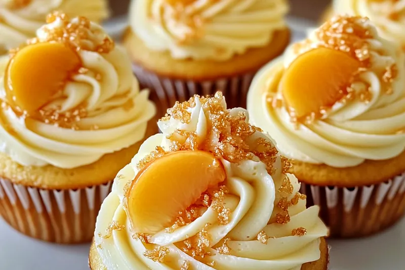 Fresh ingredients for honey peach cupcakes including ripe peaches, honey jar, cream cheese, butter, and baking essentials arranged on marble counter