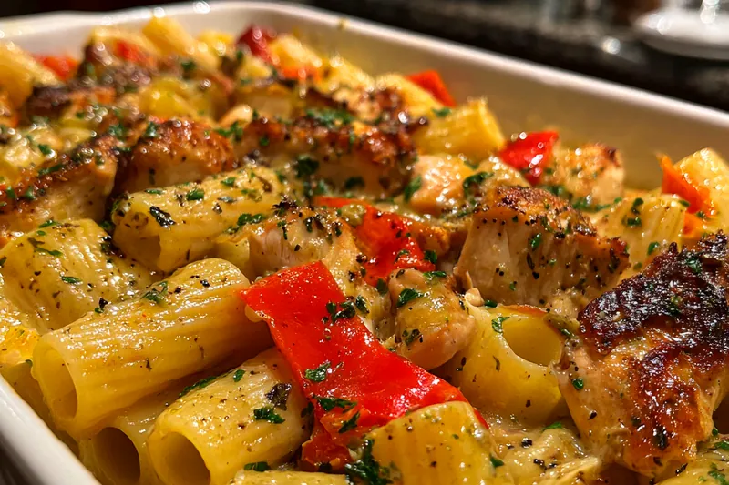 Fresh ingredients for Honey Pepper Chicken Pasta Bake