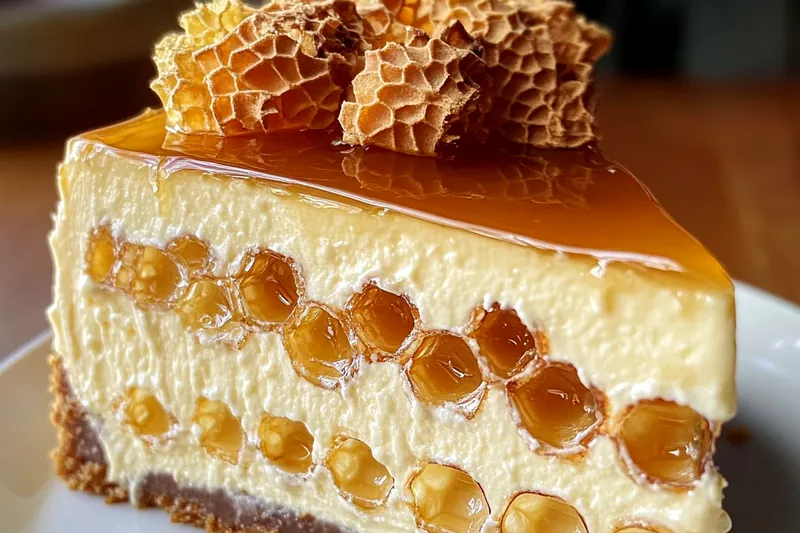 Honeycomb cheesecake in water bath showing the gentle baking technique, with golden filling and partially set center