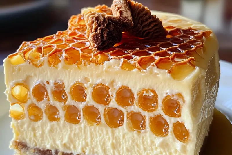 Premium ingredients for honeycomb cheesecake including cream cheese, golden honey, crunchy honeycomb candy pieces, and graham crackers arranged on a marble surface