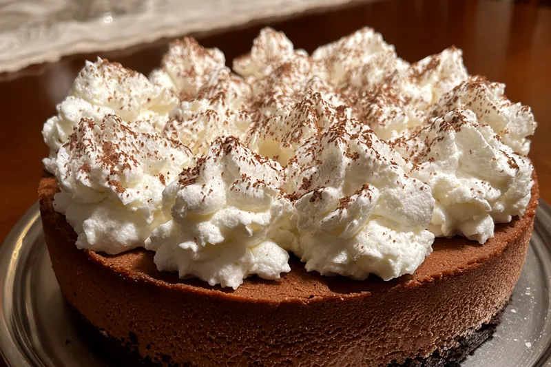 A close-up of the Decadent Hot Cocoa Cheesecake in the oven, showcasing its rich color and smooth surface as it bakes.