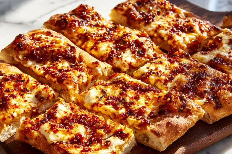 Close-up action shot of hands spreading golden hot honey garlic butter onto a halved French bread loaf on a parchment-lined baking sheet, showing the creamy butter mixture with visible garlic pieces and red pepper flakes
