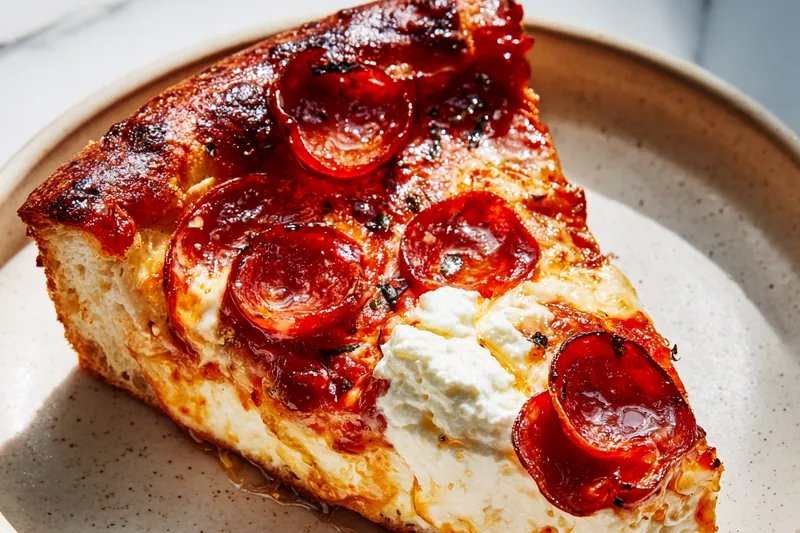 Pizza baking in hot oven with bubbling cheese, crispy pepperoni edges curling up, and golden brown crust forming