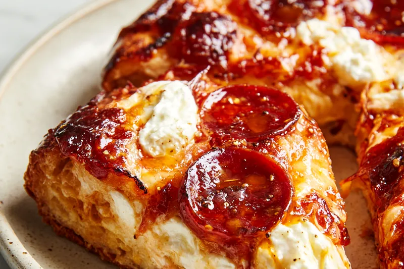 Pizza ingredients including dough, ricotta cheese, pepperoni slices, fresh mozzarella, hot honey jar, and fresh basil arranged on marble surface