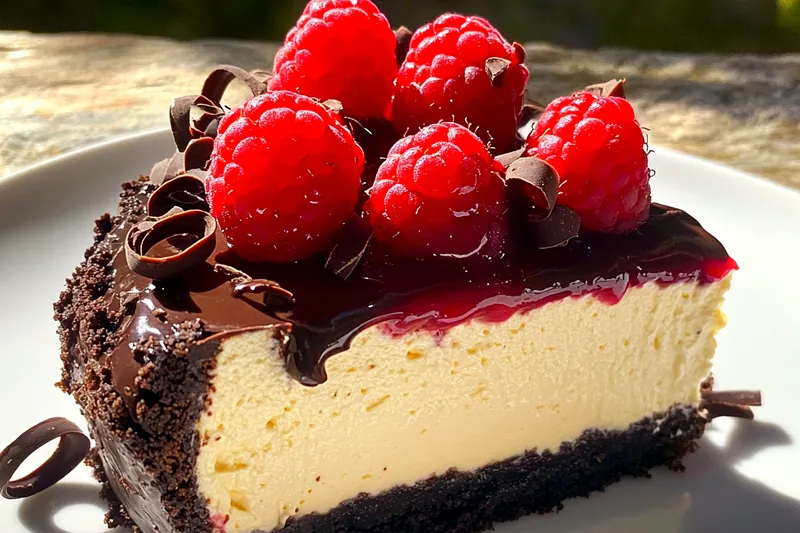 A step-by-step display of the cooking process for Indulgent Black Forest Cheesecake, showcasing the mixing and baking stages.