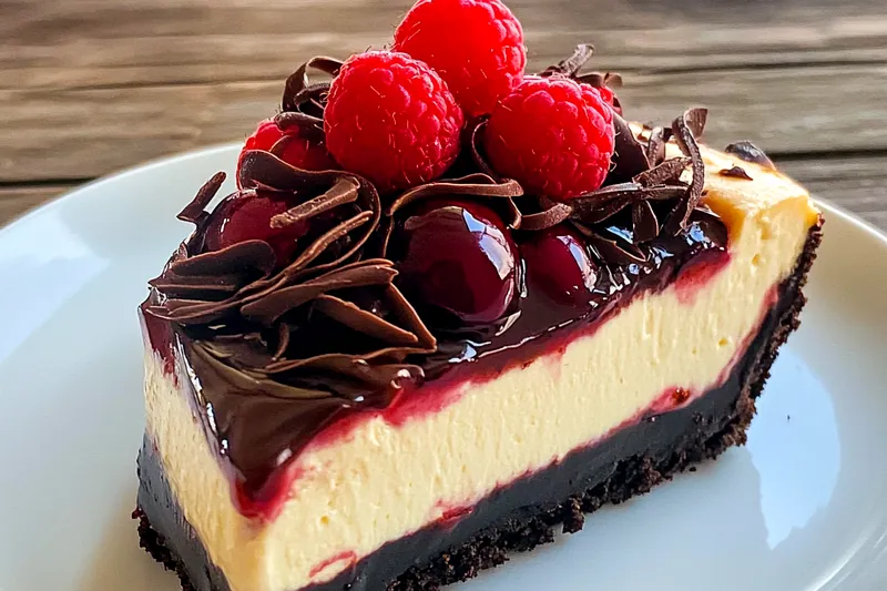 An assortment of ingredients for Indulgent Black Forest Cheesecake arranged beautifully.