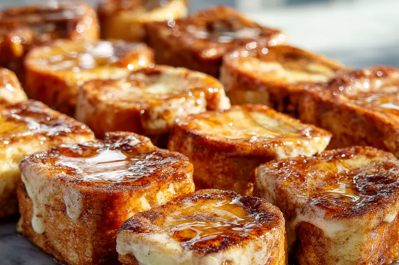 Cooking process showing cinnamon roll pieces sizzling in a pan with melted butter.