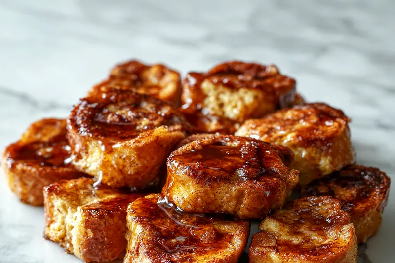 A selection of ingredients including cinnamon rolls, eggs, milk, and spices laid out on a wooden table.