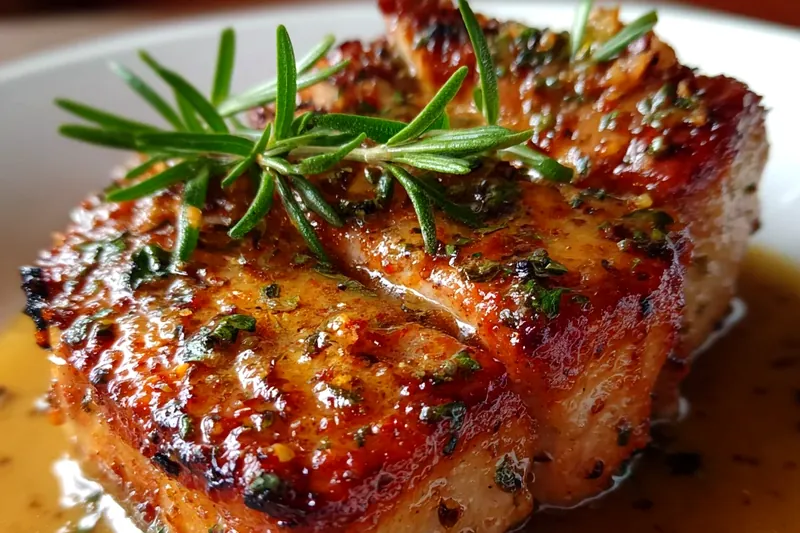 Seared pork tenderloin in cast iron skillet being brushed with golden maple Dijon glaze using a pastry brush, with caramelized edges visible