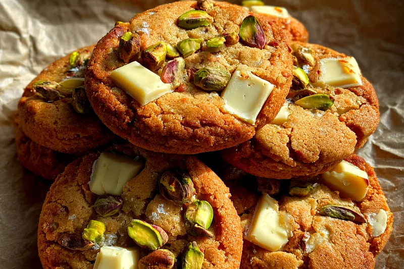 A photo capturing the baking process of Decadent White Chocolate Pistachio Cookies, showcasing delicious golden cookies on a baking sheet.