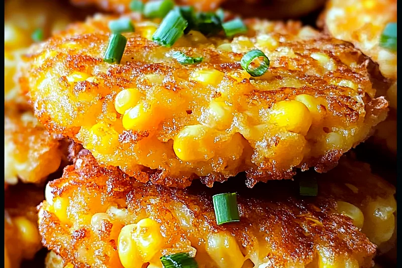 Golden corn fritters sizzling in hot oil showing perfect browning and crispy texture with visible corn kernels and melted cheese