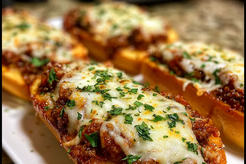 Italian meat mixture simmering in a skillet with golden garlic bread toasting in the background, showing the perfect timing for assembly