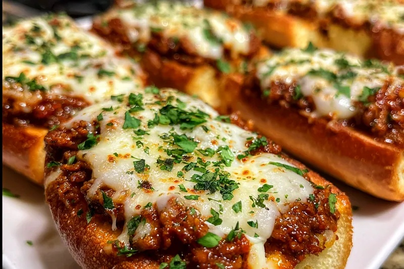 Fresh ingredients for Italian garlic bread sloppy joes including ground beef, Italian bread, marinara sauce, fresh garlic, and Italian herbs arranged on a wooden cutting board