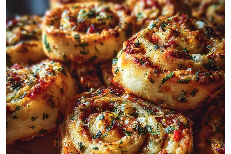 Ingredients for Italian pinwheels laid out on a marble counter: flour tortillas, cream cheese, salami slices, fresh mozzarella, basil leaves, sun-dried tomatoes, and balsamic glaze