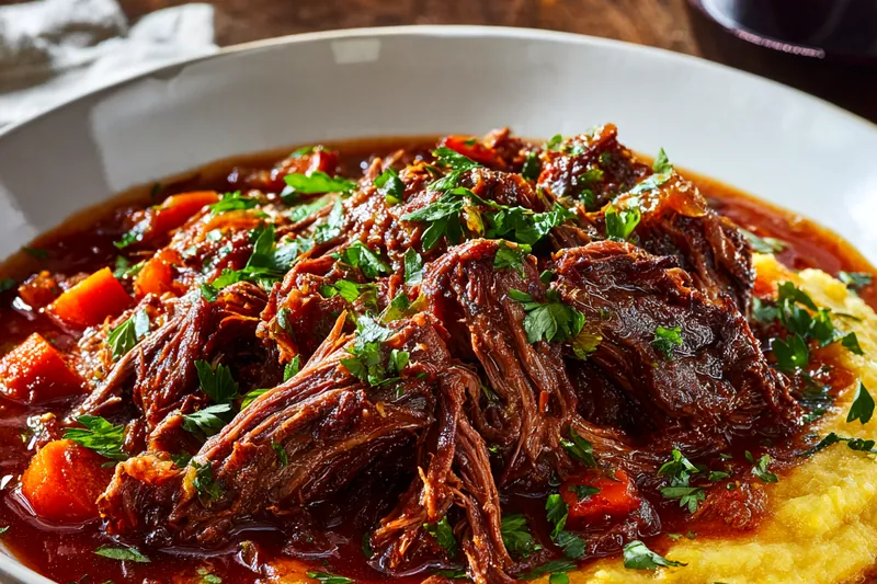 Close-up of fork-tender shredded Italian pot roast in rich burgundy sauce with visible vegetable pieces, fresh parsley garnish, and glistening olive oil on serving platter