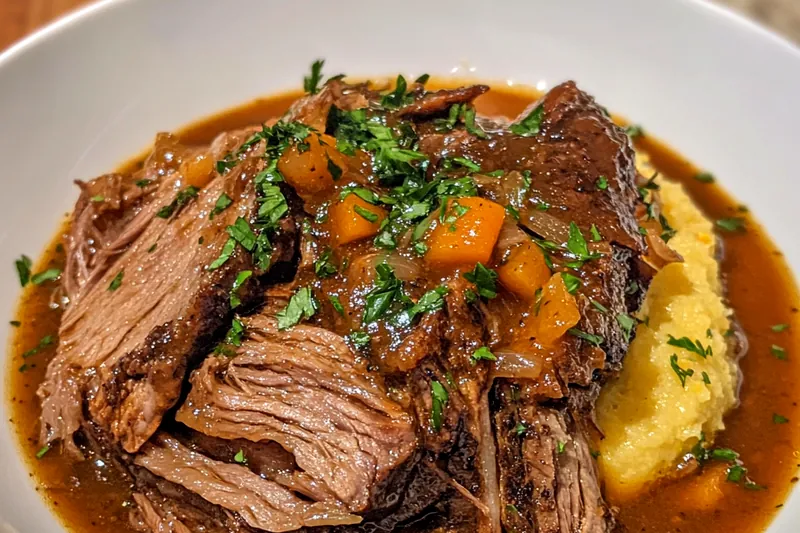 A selection of fresh ingredients for Classic Italian Pot Roast, including vegetables and beef.