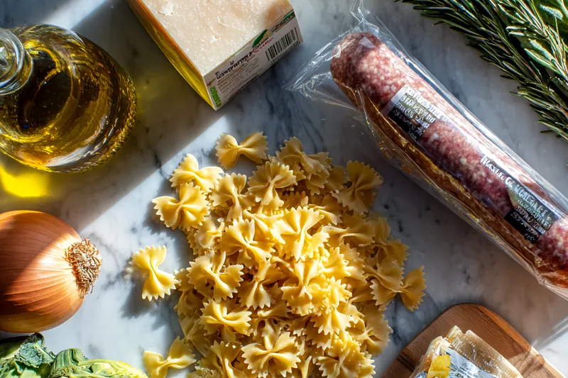 Close-up side view of golden-brown sliced Italian sausage pieces in a stainless steel skillet with glistening olive oil and caramelized bits, wooden spoon visible at edge, warm kitchen lighting highlighting the browned exterior