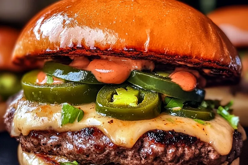 Ingredients for jalapeño-onion smash burgers including ground beef, sliced jalapeños and onions, cheese, and burger buns on a wooden board
