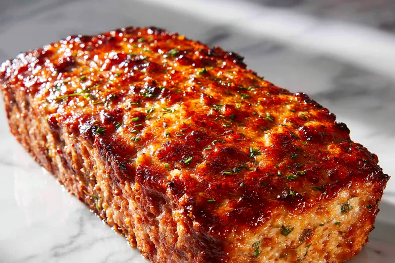 Baking the meatloaf in the oven, with the ketchup glaze starting to caramelize on top.