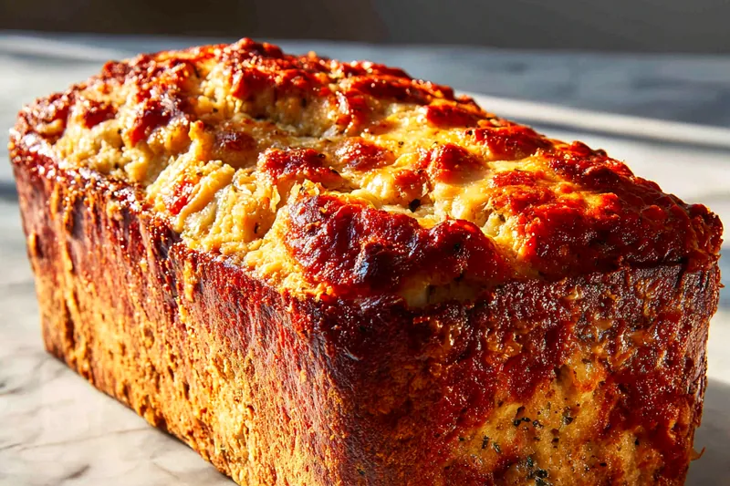Fresh ingredients for chicken meatloaf including ground chicken, garlic, and parsley on a wooden table.