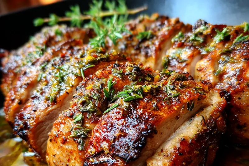 Golden-brown seared pork tenderloin being brushed with maple mustard glaze in a cast iron skillet, showing the caramelization process