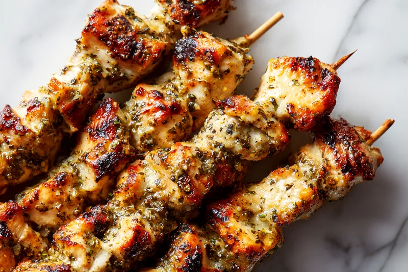 Grilling chicken skewers on a barbecue, giving them a charred and golden appearance.