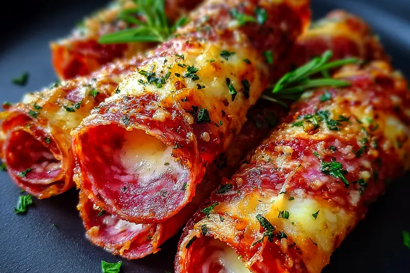 Neatly arranged ingredients for keto salami roll ups including sliced salami, cream cheese, fresh herbs, and seasonings on a marble countertop
