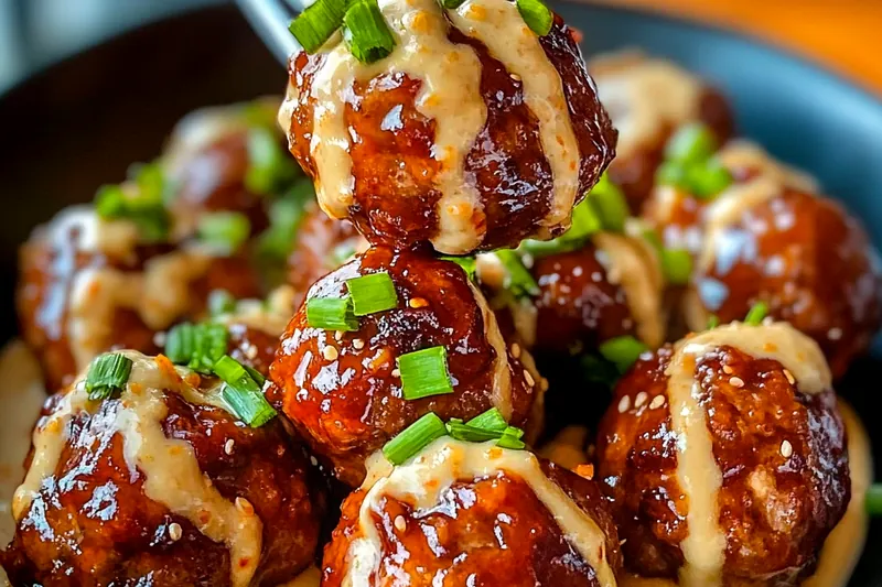 Korean BBQ meatballs sizzling in a skillet being brushed with glossy dark glaze, showing the caramelization process