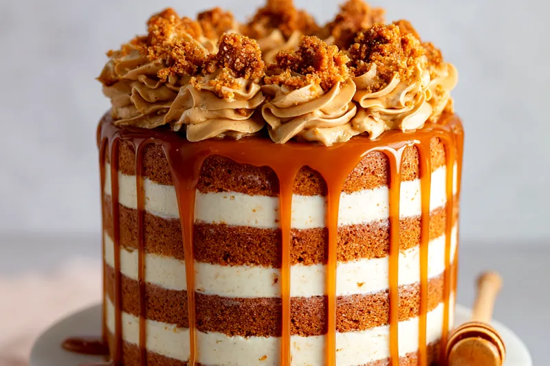 A collection of fresh ingredients including Biscoff cookies, Biscoff spread, heavy cream, and sugar, displayed on a wooden table.
