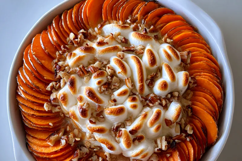 The process of layering sweet potatoes in a baking dish for the Layered Sweet Potato Bake.